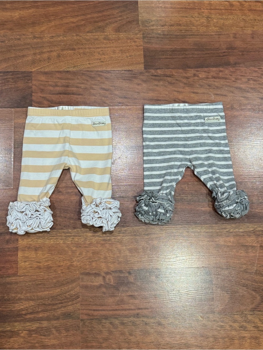 Sew Sassy - Striped Ruffle Hem Leggings in Tan & Gray